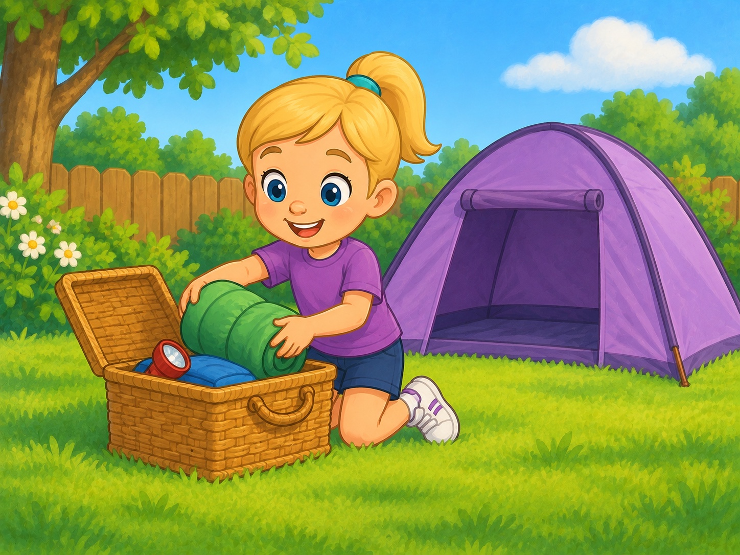 Pip is camping in the garden. Scene continuity: Small purple garden tent, green sleeping bag, basket, daylight to dusk.