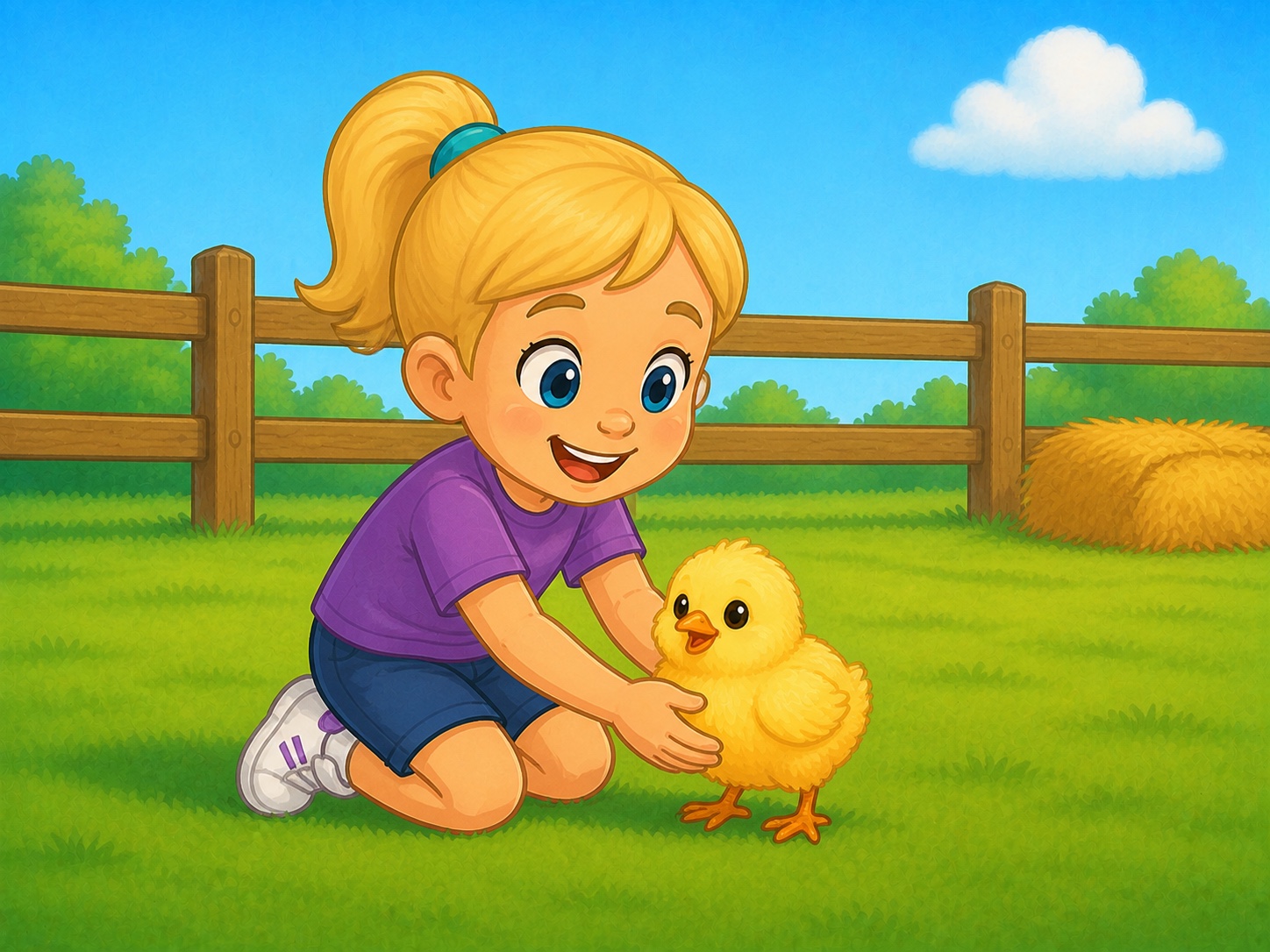 Pip kneels near a fluffy yellow chick inside a safe farm enclosure.
