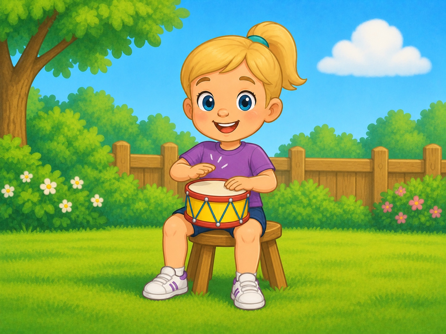 Pip is sitting on a stool. Scene continuity: Small yellow toy drum, garden stool, safe hand drumming.
