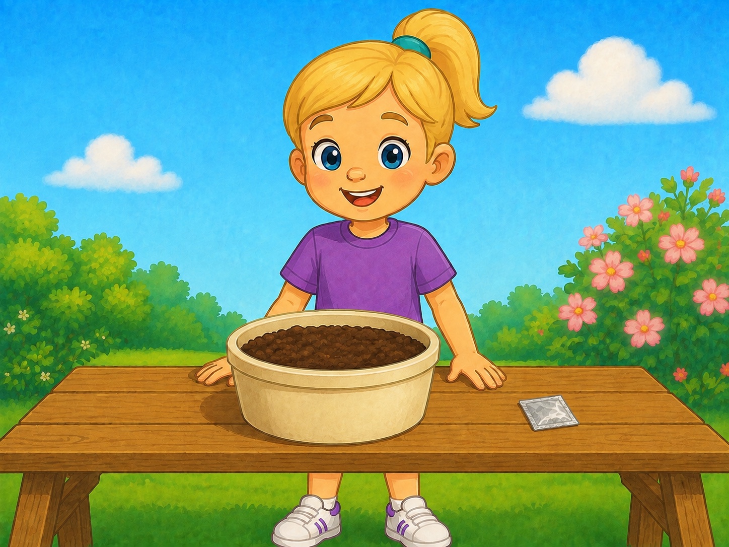 Pip stands at a garden table with a wide cream flowerpot full of loose soil.