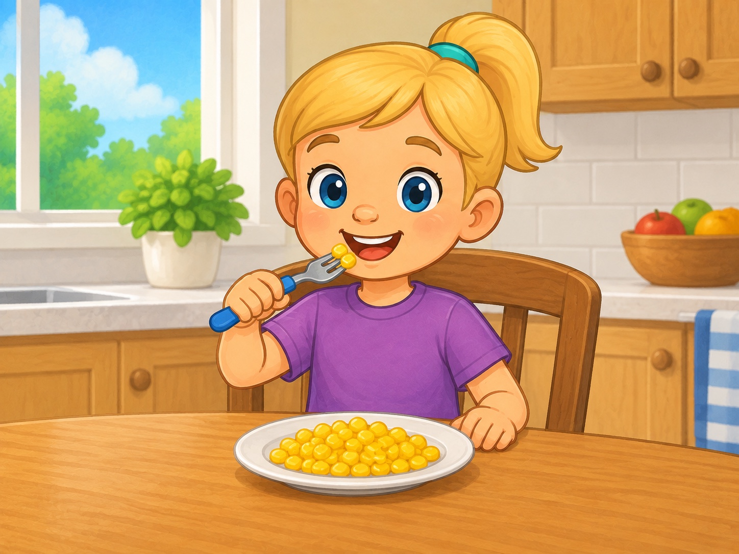 Pip has corn. Scene continuity: Cooked yellow corn kernels, child-safe blunt fork, white plate, kitchen table.