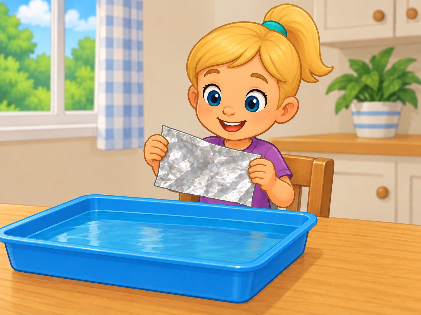 Pip has foil. Scene continuity: Silver kitchen foil, small handmade foil boat, shallow blue water tray.