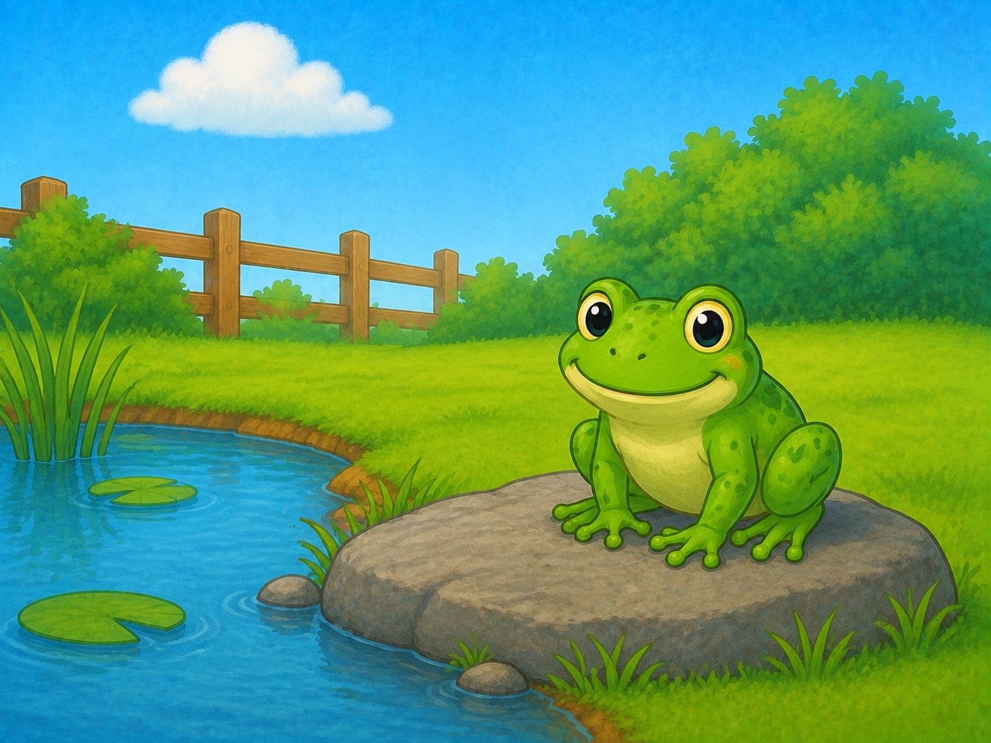 One bright green frog sits beside a small pond in a simple grassy garden.