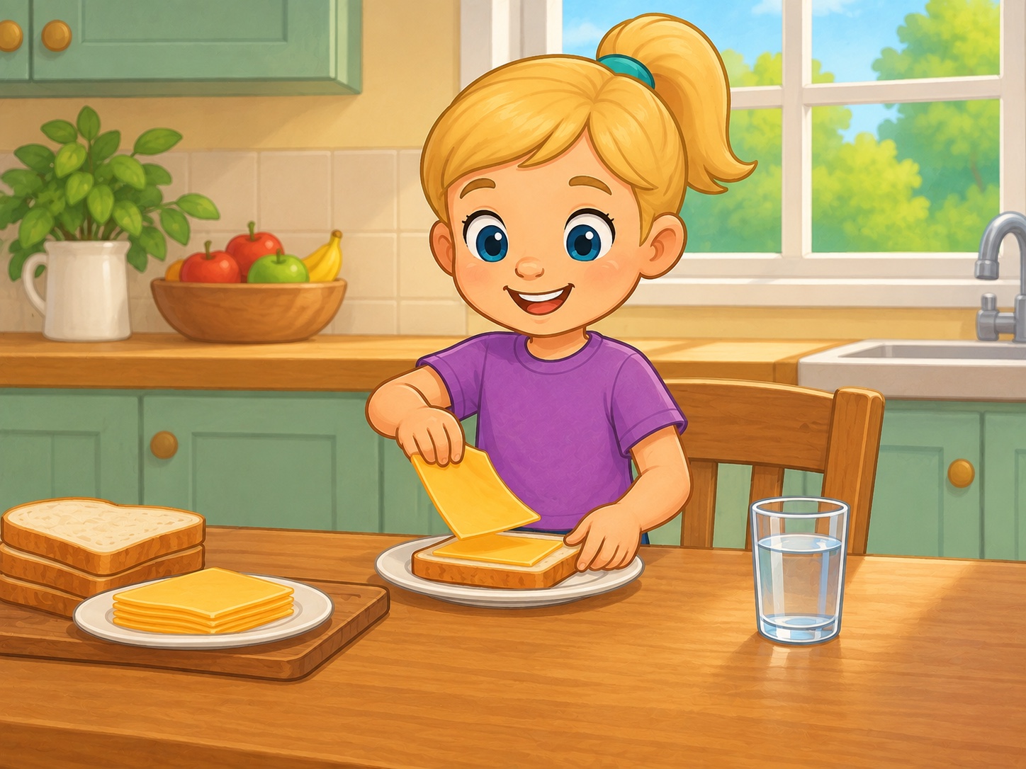 Pip is in the kitchen. Scene continuity: Kitchen table, bread slices, cheese, small plate, no sharp tools.