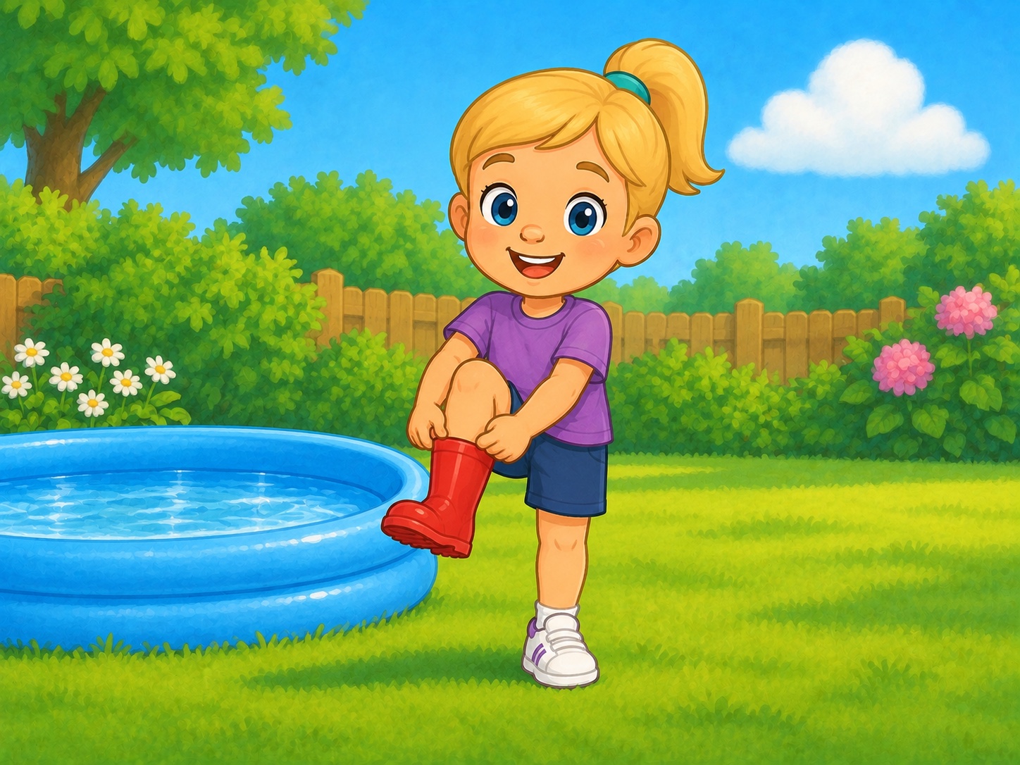 Pip has a boot. Scene continuity: One small red rubber boot, shallow blue paddling pool, sunny garden.