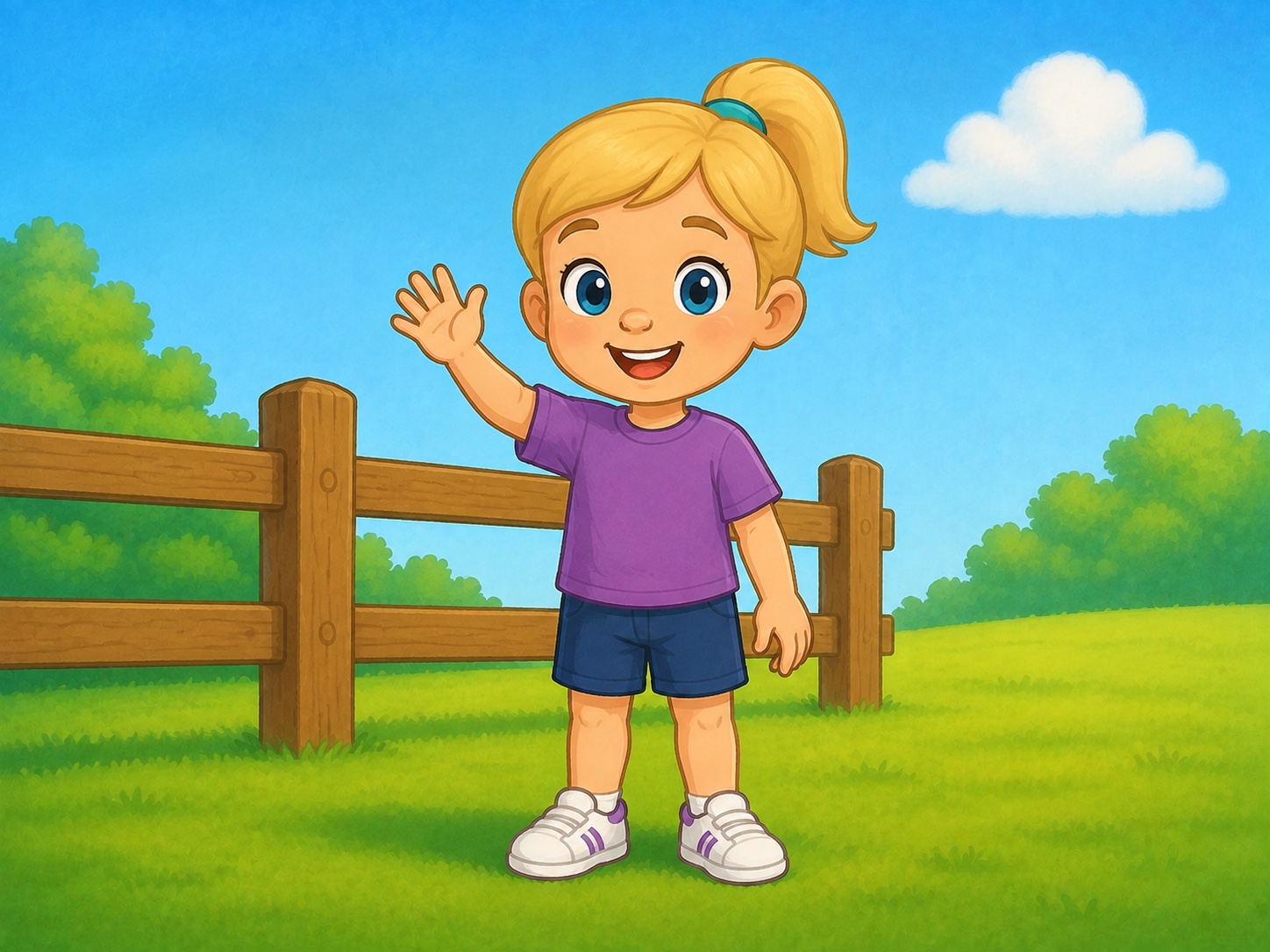 Pip waves beside a simple wooden farm fence.