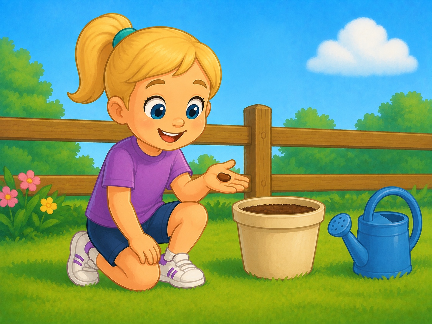 Pip looks at a large brown bean seed on her open palm in a sunny garden.