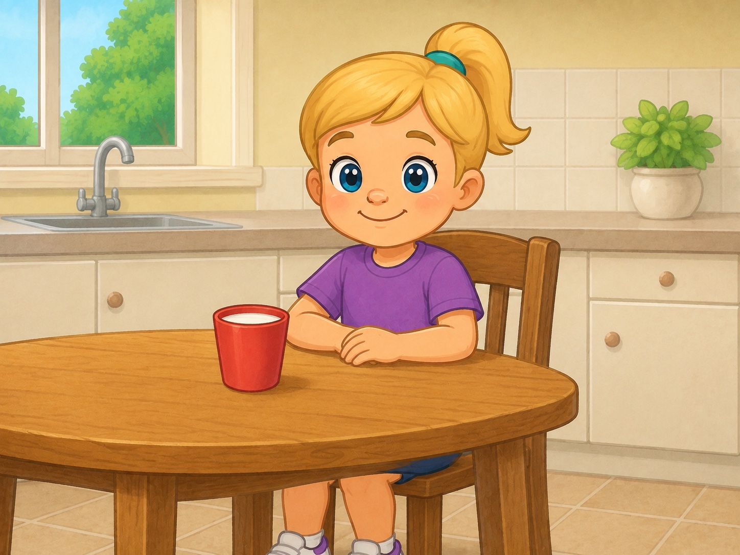 Pip sits at a small kitchen table ready for a drink.