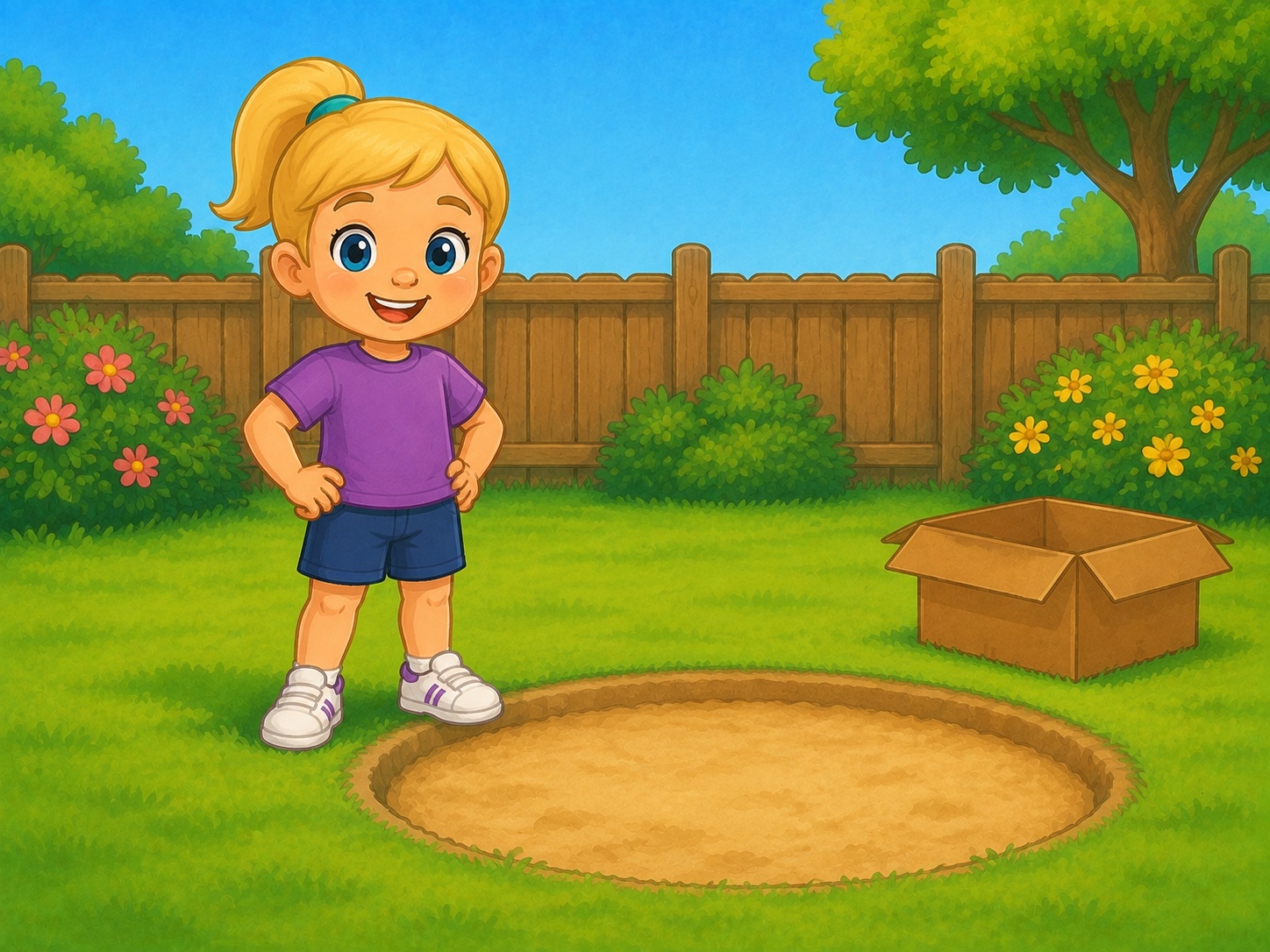 Pip stands smiling in a small grassy garden beside a shallow empty sand pit.