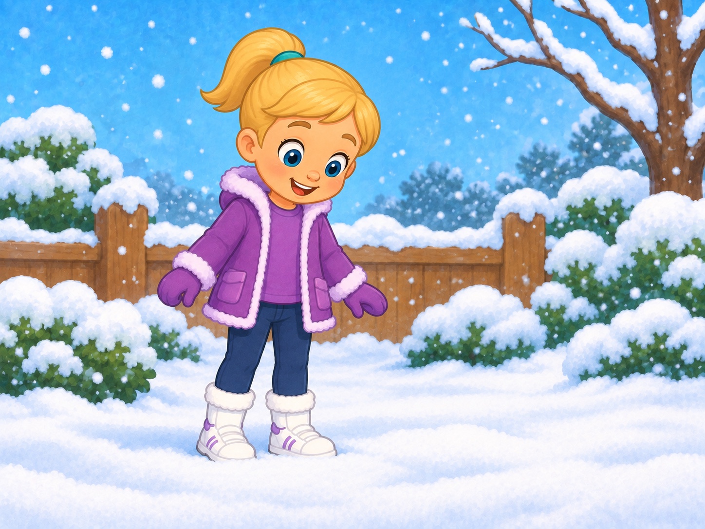 Pip looks at the snow. Scene continuity: Snowy garden, small snowman, red scarf, show Pip canonical purple outfit under open purple coat, navy leggings and white boots throughout.