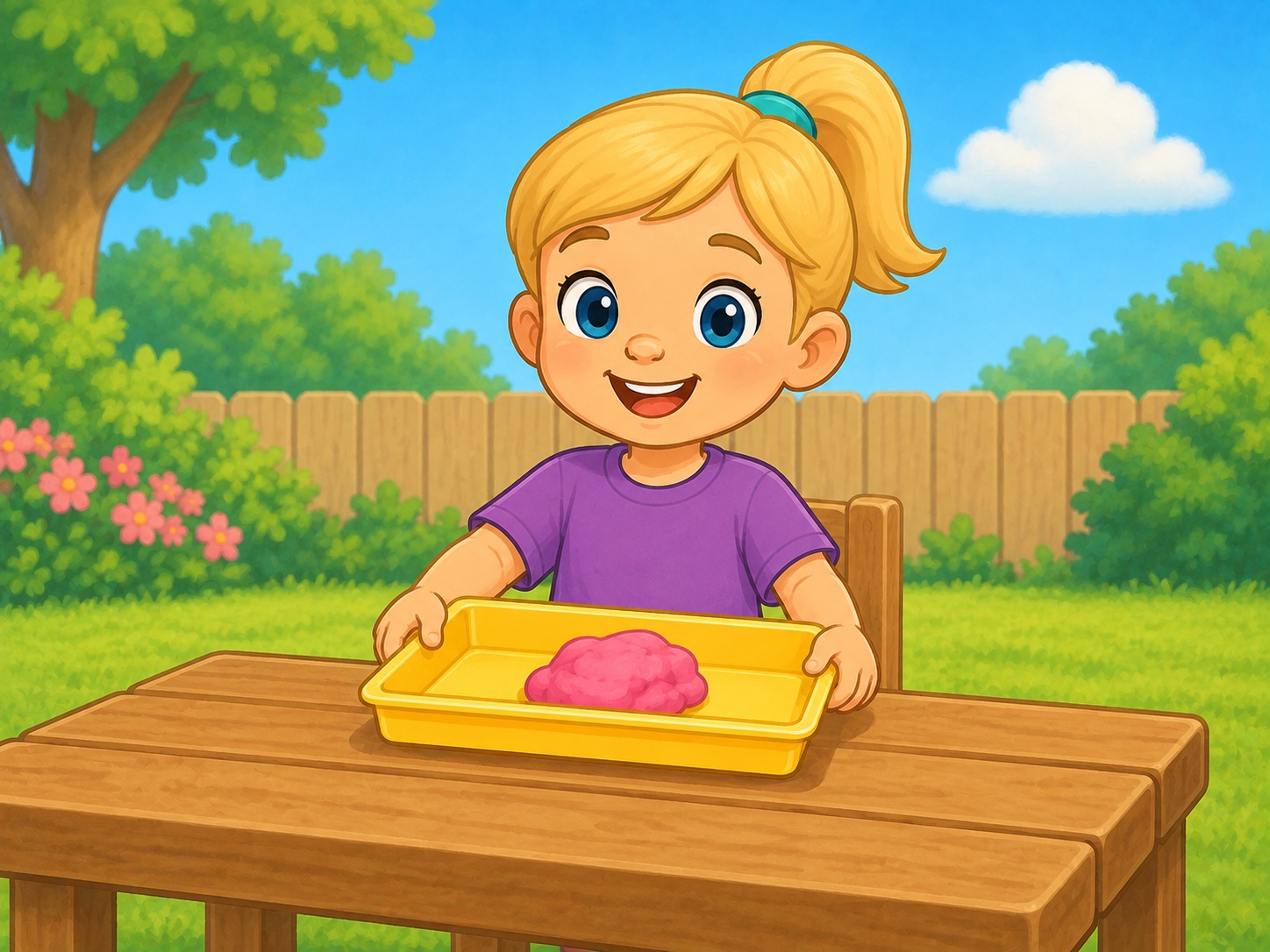 Pip has a tray. Scene continuity: Yellow rectangular tray, pink modelling clay, low garden craft table.