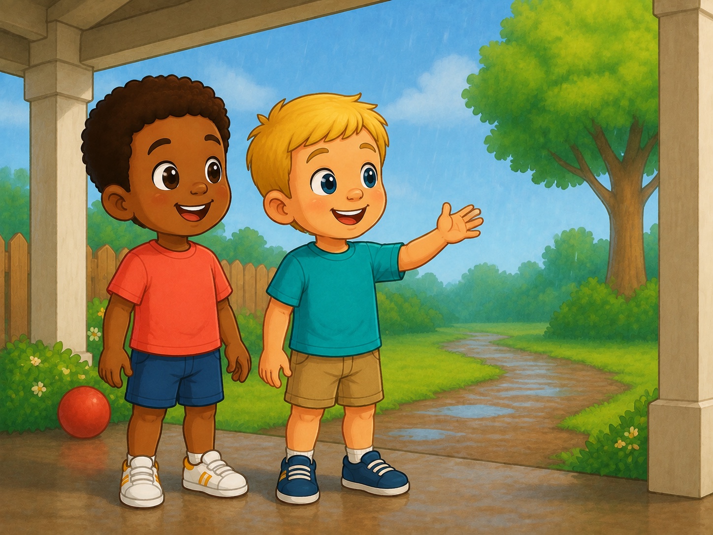 Dan and Ben stand under a broad garden porch at the edge of gentle rain, both in canonical clothes.