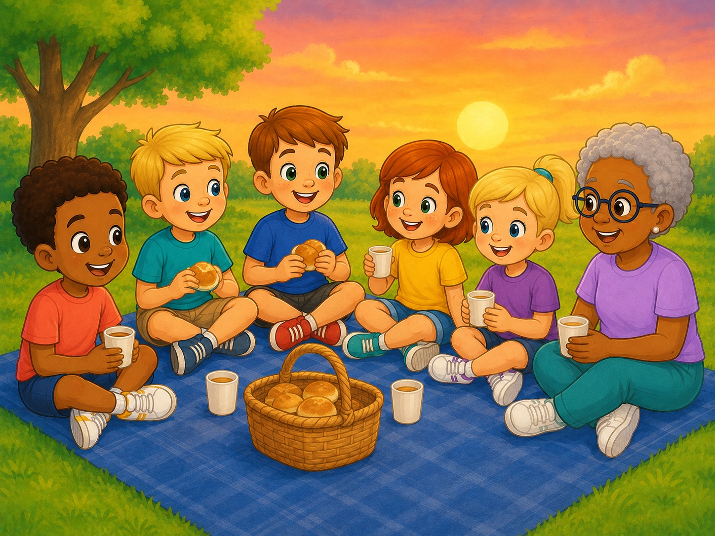 All six canonical friends share a small picnic in a simple grassy park under a warm low sun, each identity distinct.
