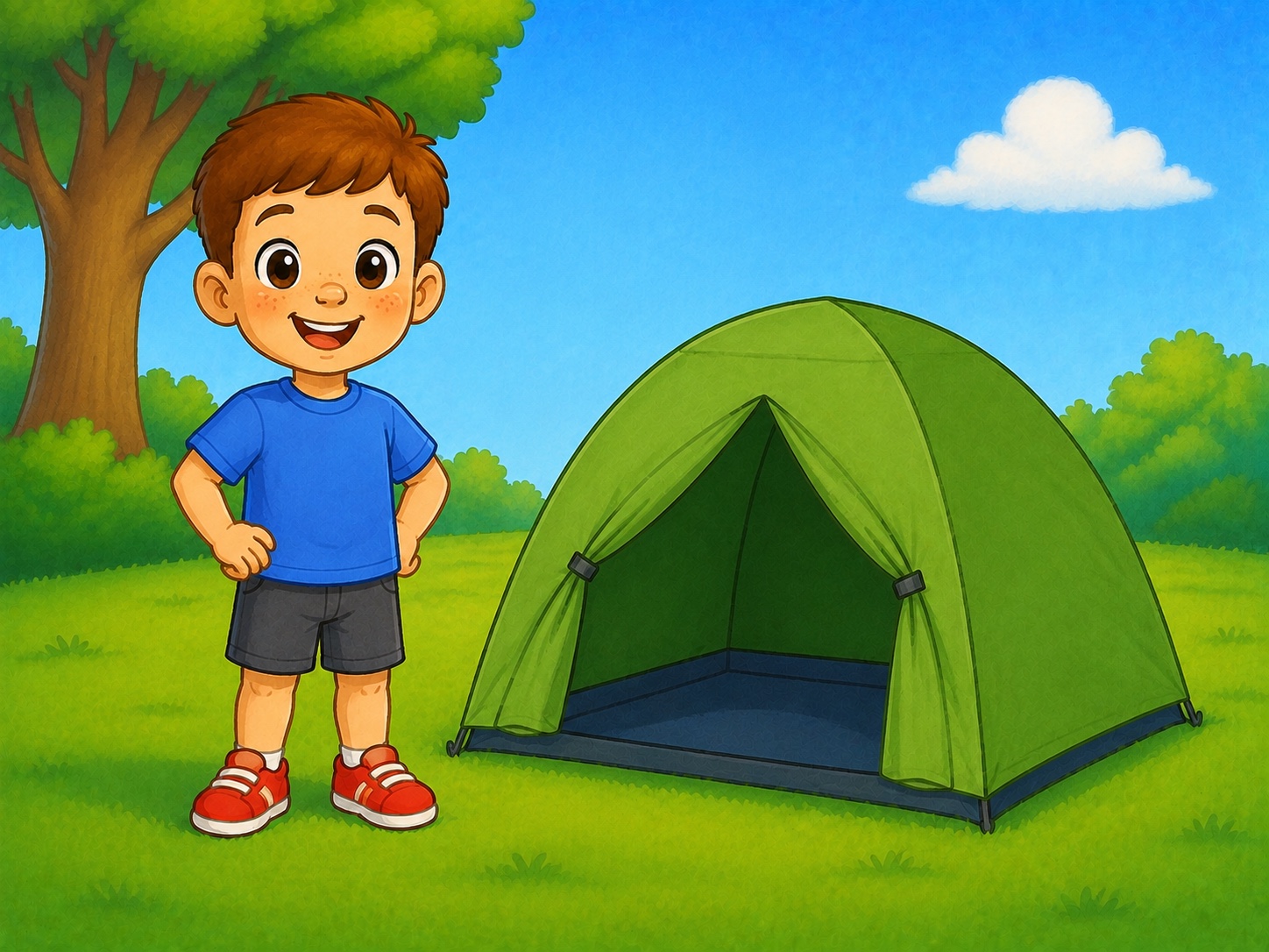 Tom stands beside a small open green play tent in a garden.