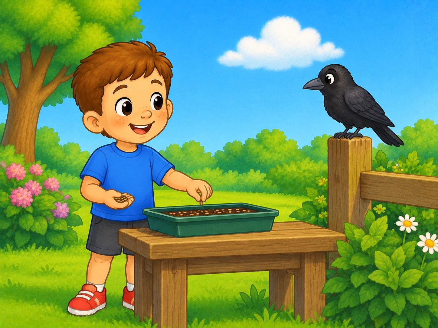 Tom can see a crow. Scene continuity: Friendly black crow, wooden fence post, garden seed tray, daylight.