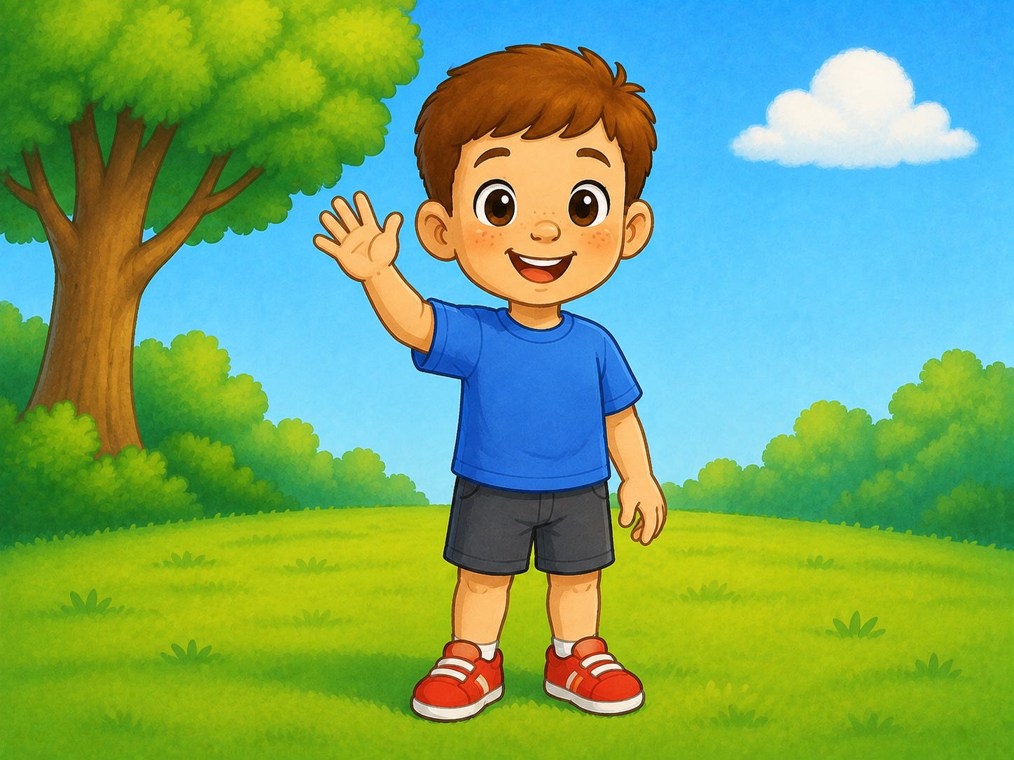 Tom waves in a park clearing.