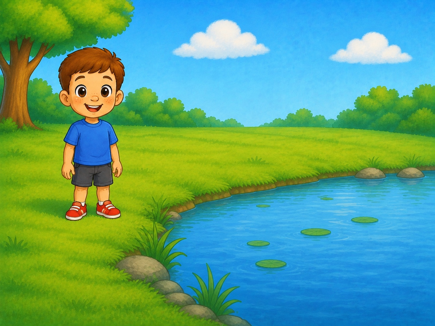 Tom stands on grass safely back from pond edge.