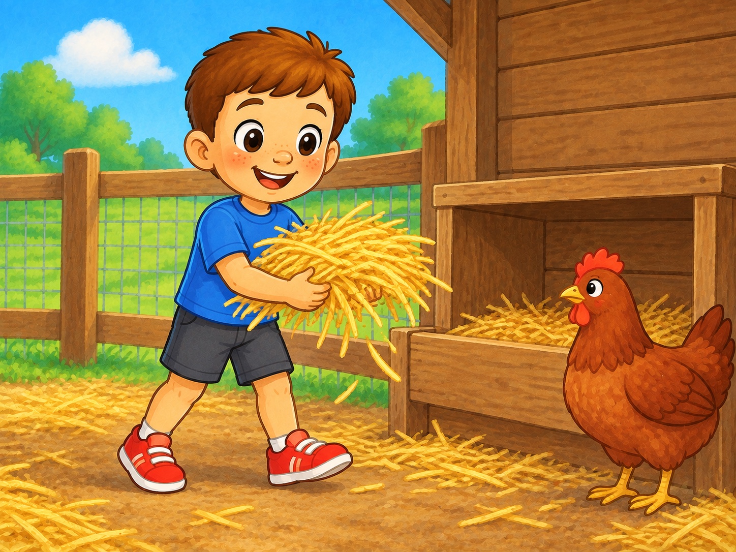 Tom has hay. Scene continuity: Russet hen, clean yellow hay, shallow wooden nesting box inside farm enclosure.