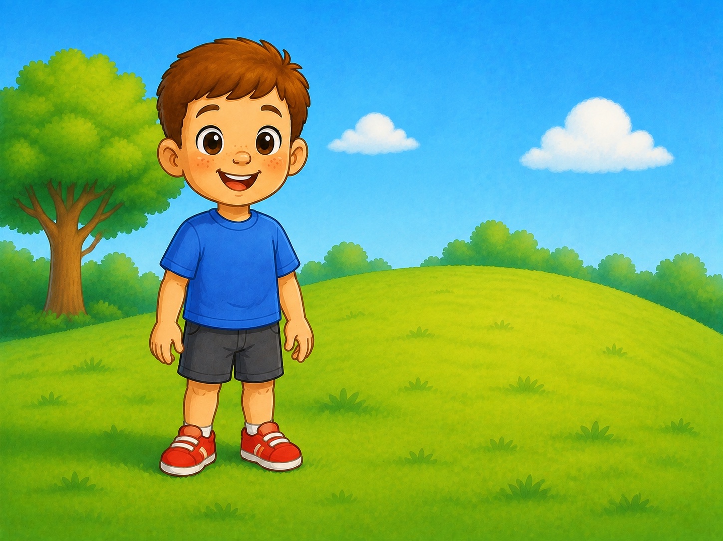 Tom smiles at the foot of a very low rounded grassy mound in a park.