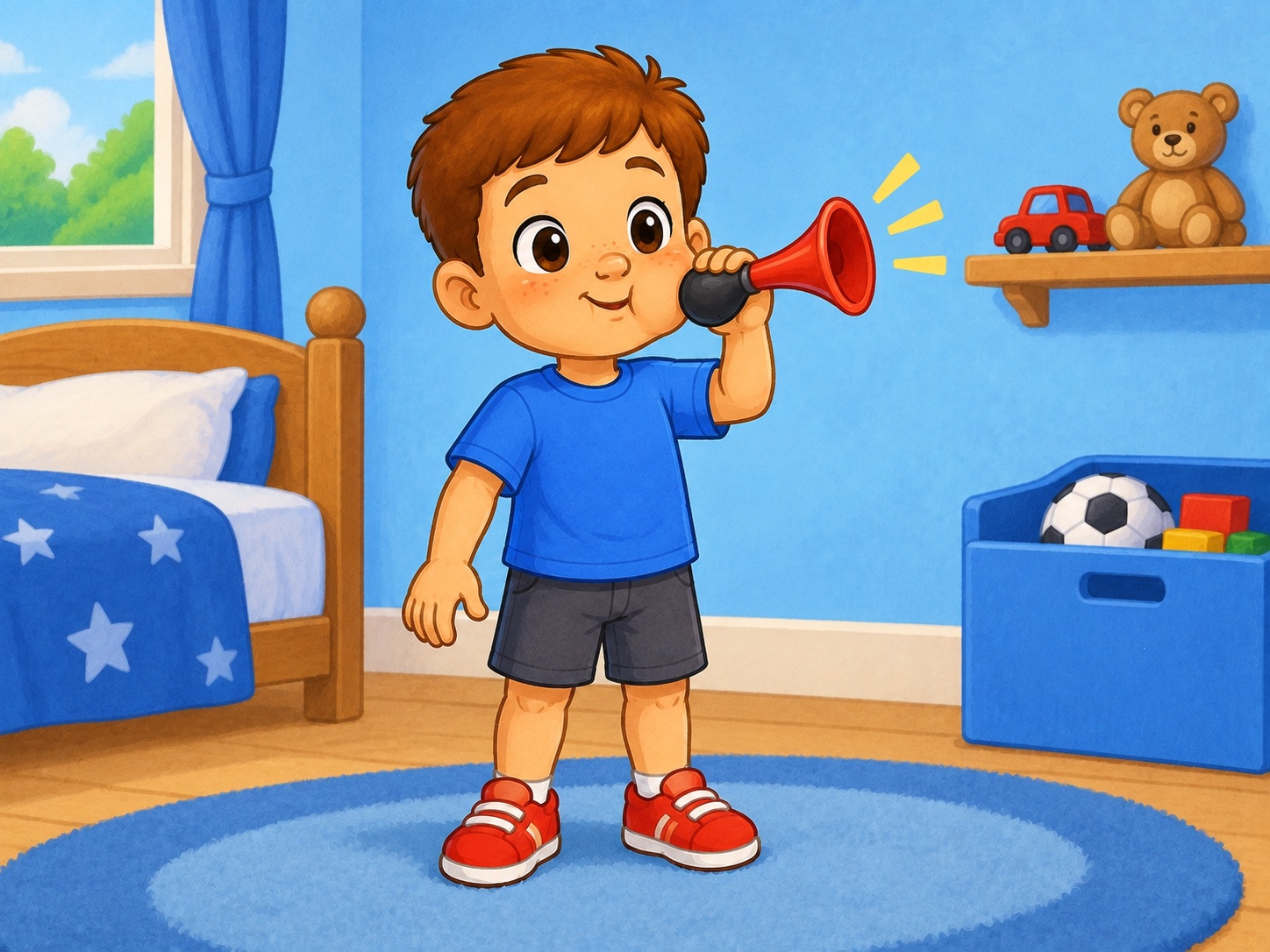 Tom has a horn. Scene continuity: Small red toy horn, short wooden shelf, blue toy box, bedroom.