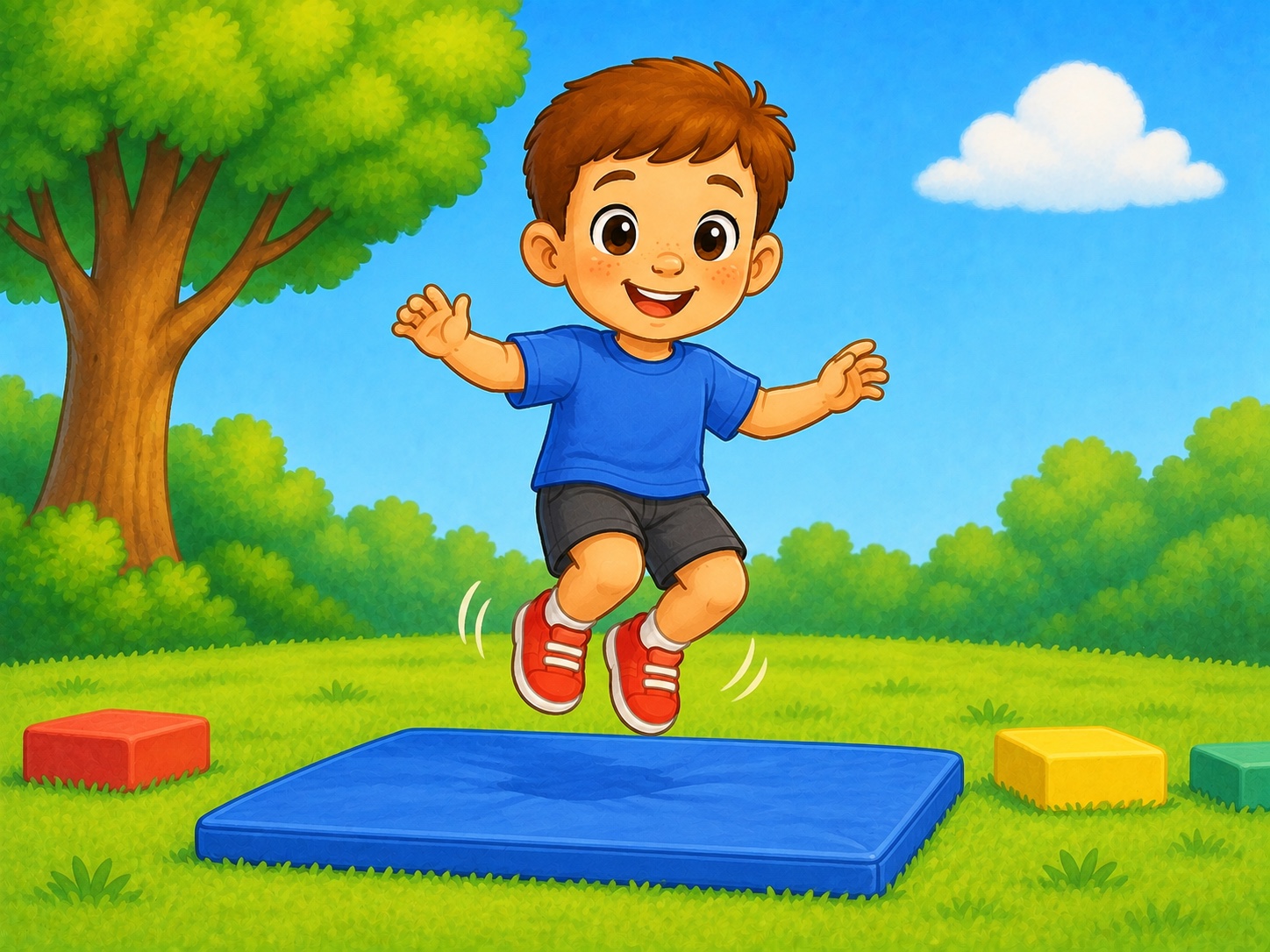 Tom jumped on the mat. Scene continuity: Low foam stepping blocks on grass, blue ground mat, safe small jumps.