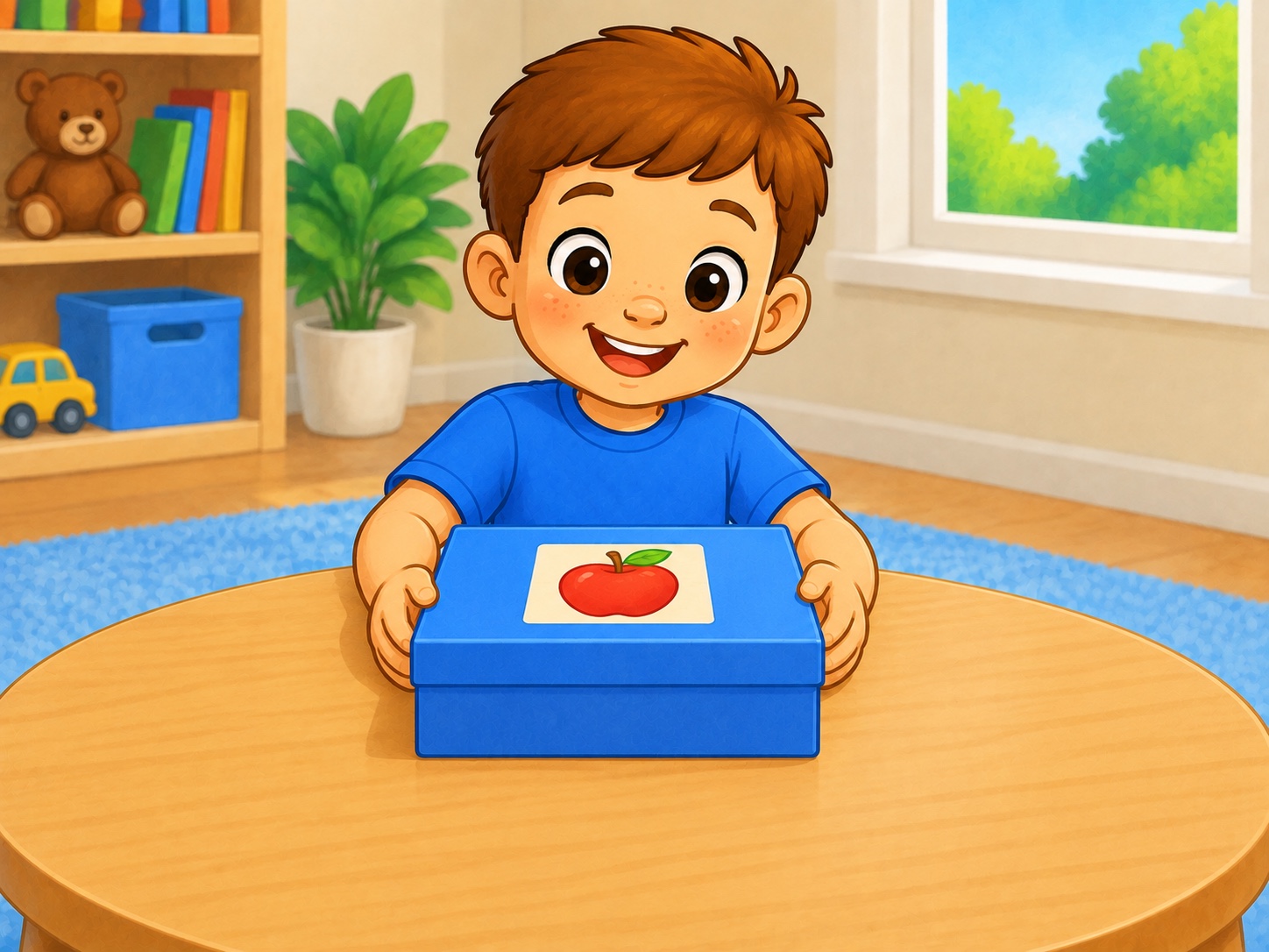 Tom has a little puzzle. Scene continuity: Six-piece simple wooden apple picture puzzle, low table, blue storage box.