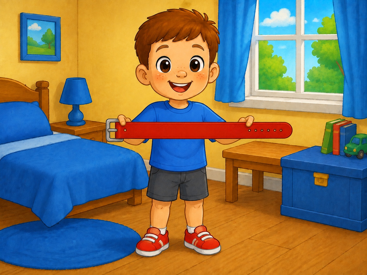 Tom holds a plain red fabric belt with a simple silver buckle in a bright bedroom.
