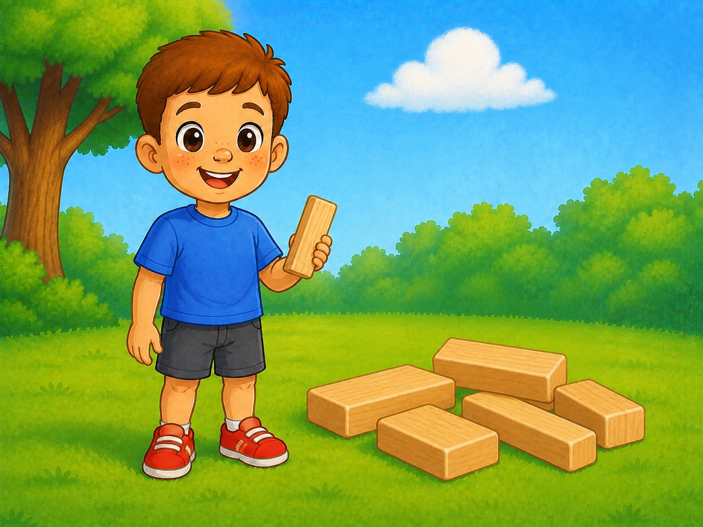 Tom holds one short light wooden building plank beside a small stack of large toy construction blocks in a garden.