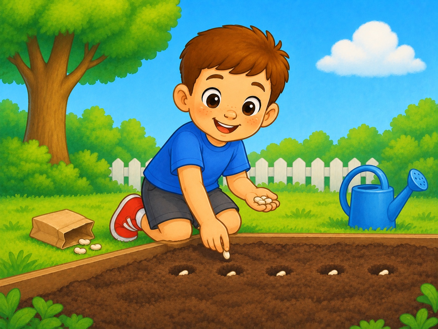Tom planted seeds in the garden. Scene continuity: Six bean seeds, garden bed, blue watering can, empty brown packet.
