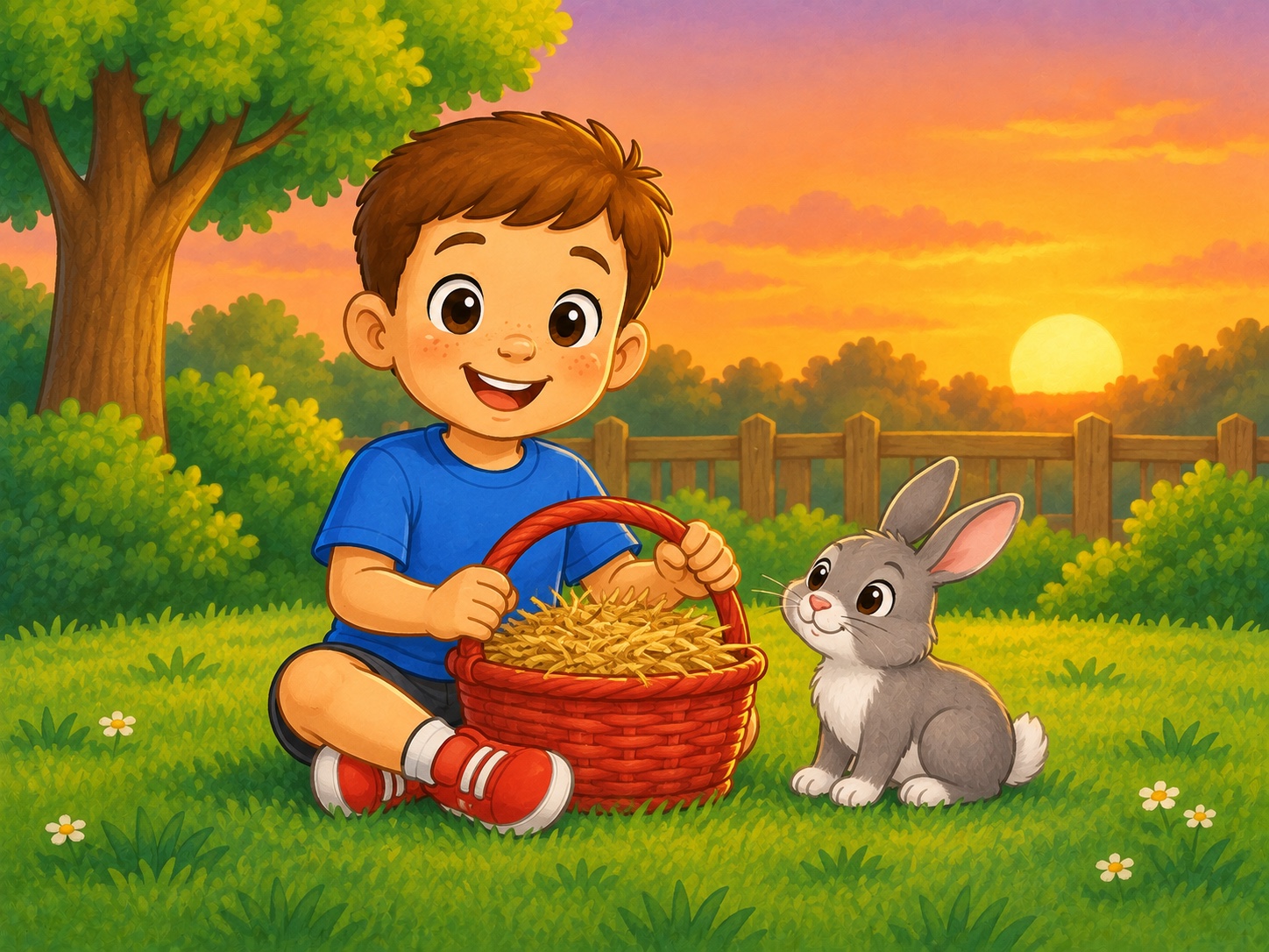 Tom has a basket. Scene continuity: Small grey rabbit, grassy garden, safe low fence, red basket of hay, sunset.