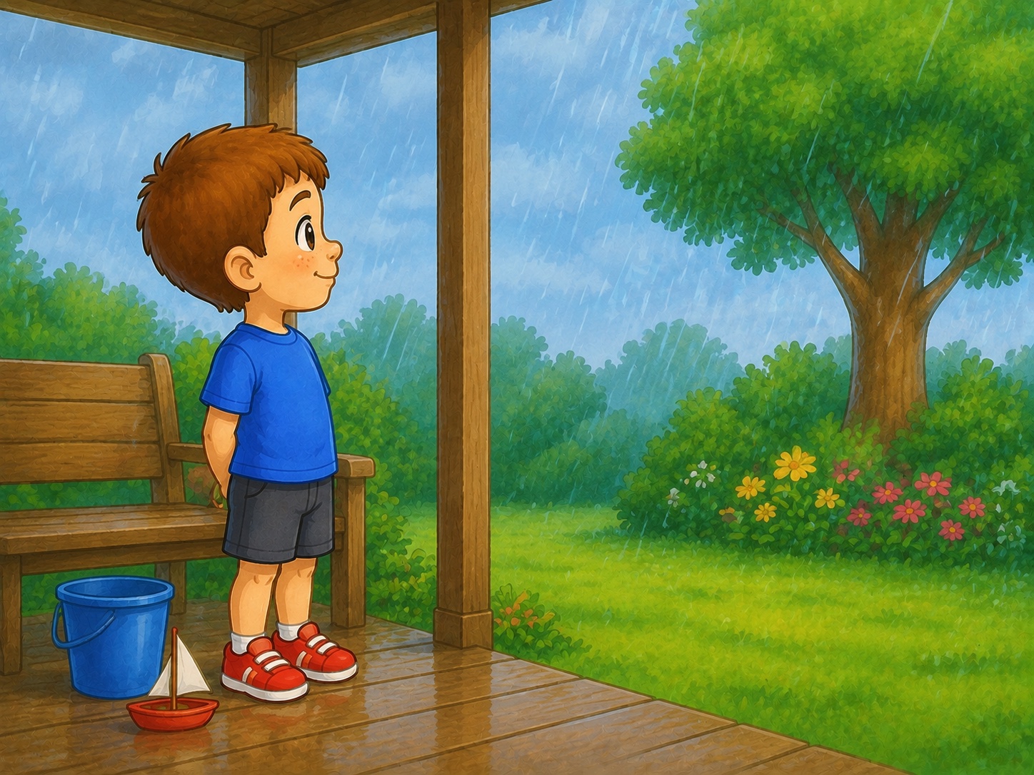 Tom watches gentle rain from beneath a small garden porch, grassy garden visible.