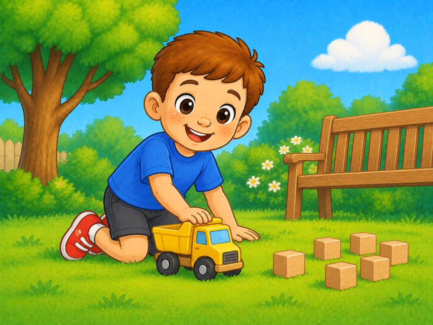 Tom has a truck. Scene continuity: Small yellow toy truck, short smooth wooden blocks, garden bench.